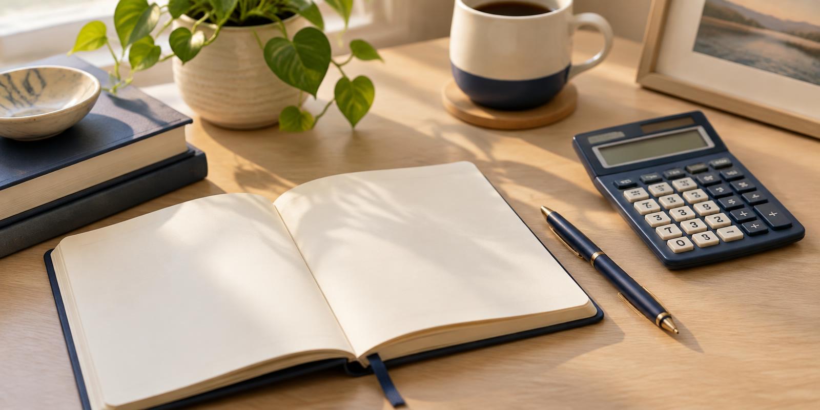 Retirement planning workspace with an open notebook, calculator and pen in natural daylight