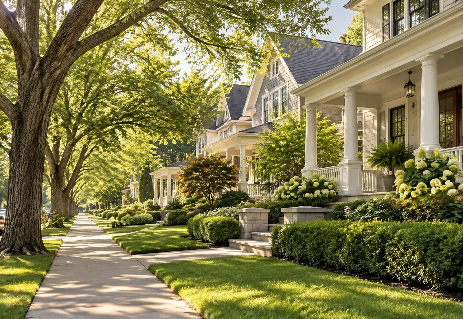Sunny tree-lined residential street with established homes